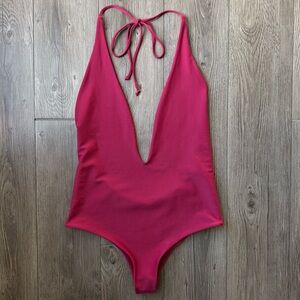 MIKOH Hinano One-Piece Swimsuit – Pomegranate – Deep V Halter – Medium